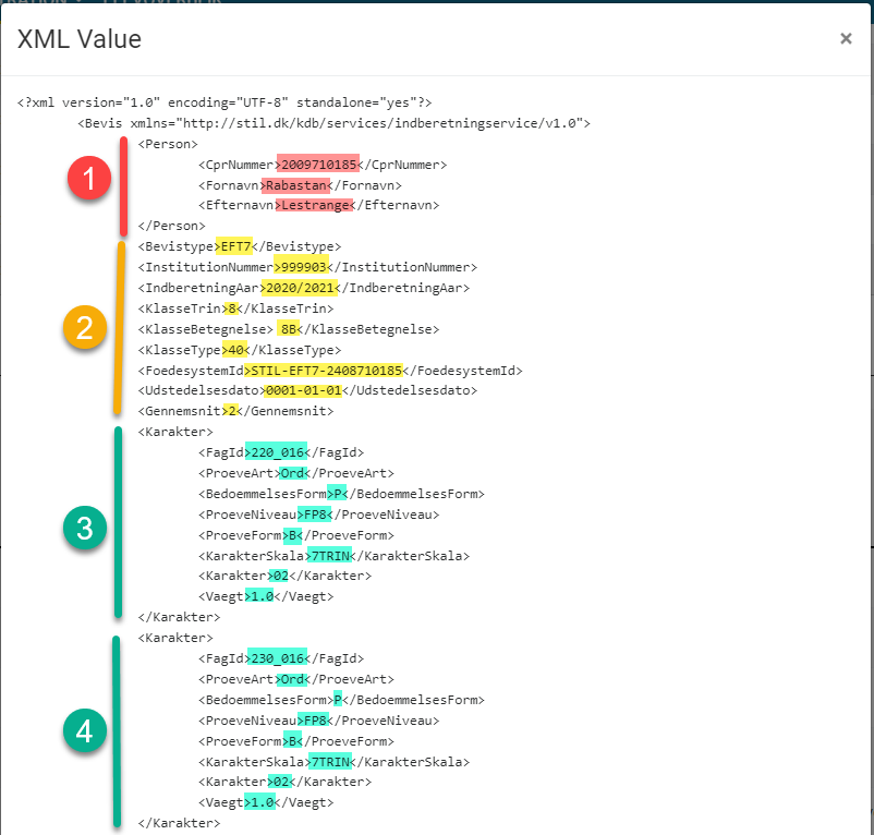 Billedet viser XML Value, hvor der er markeret fire emner og herunder de fremhævede værdier