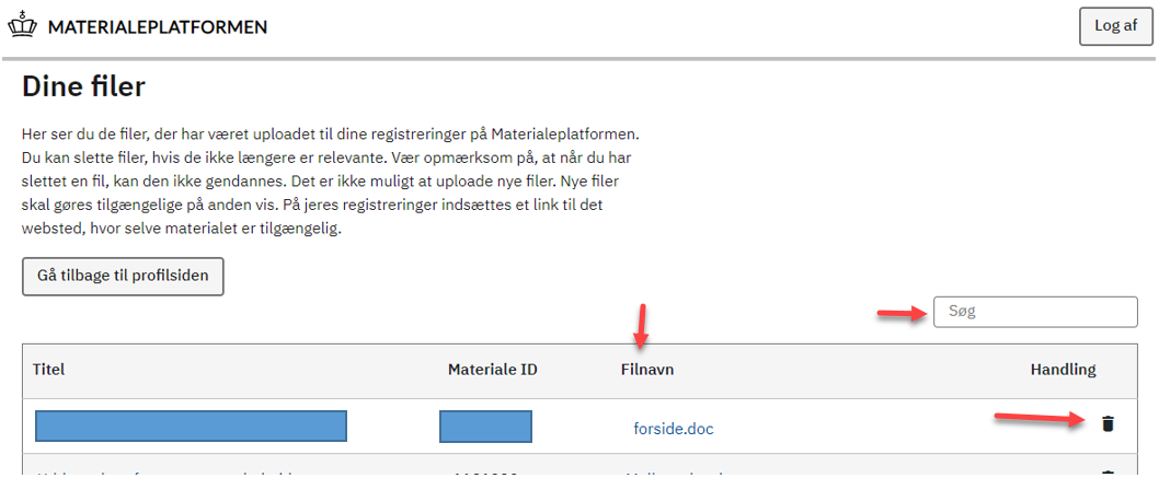 Billedet er en skærmvisning af oversigtssiden Dine filer på Materialeplatformen.dk.