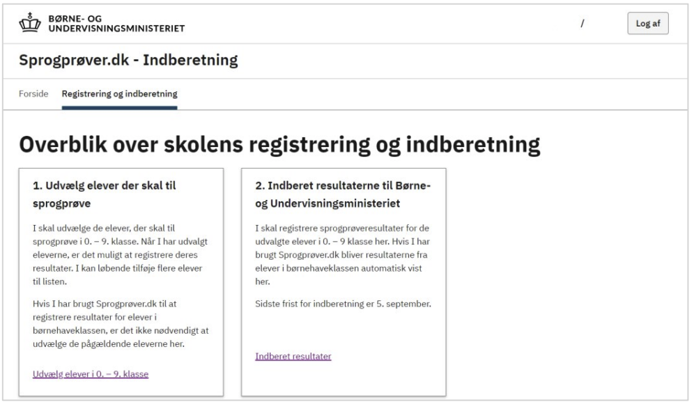 Billedet er en skærmvisning af startsiden Indberetning på Sprogprøver.dk.