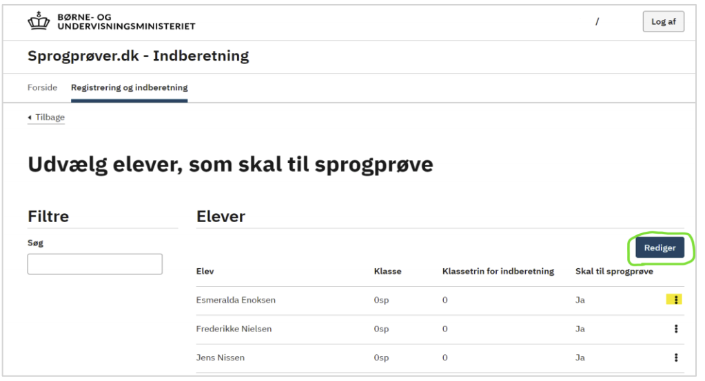 Billedet viser de tre prikker til ændring af en elevs oplysninger, samt knappen Rediger på Sprogprøver.dk.