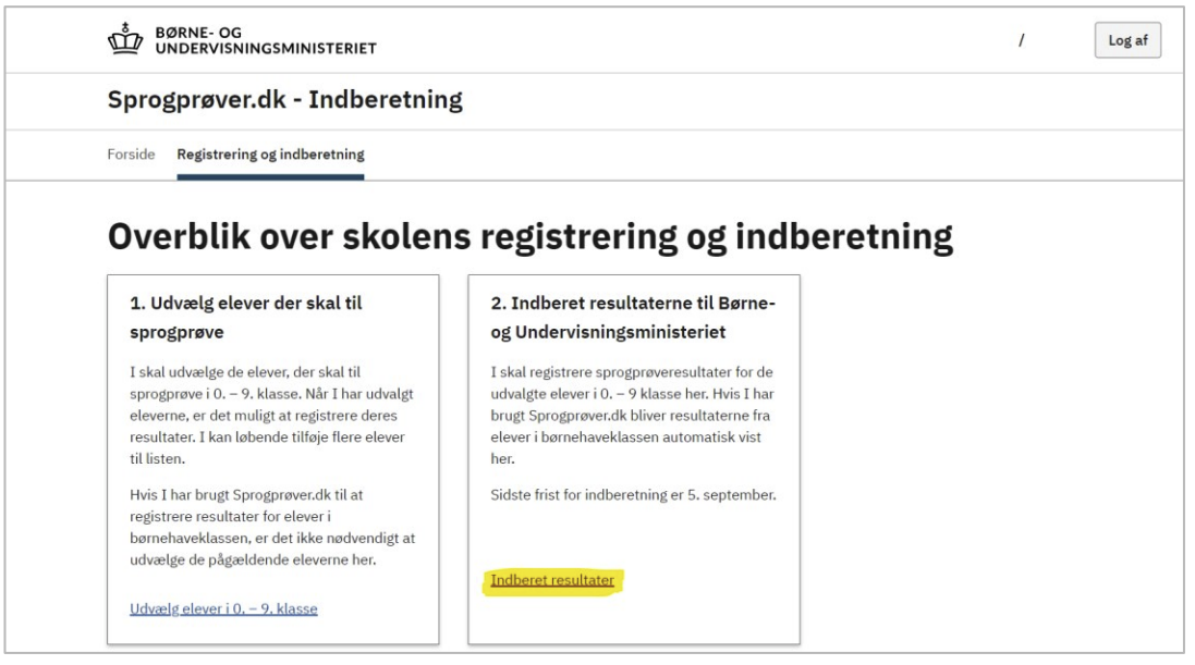 Billedet viser placeringen af linket Indberet resultater på forsiden af Sprogprøver.dk.