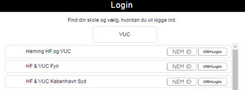 Billedet viser et eksempel på login på siden netprøver.dk, hvor du skal vælge din institution samt loginmetoden.