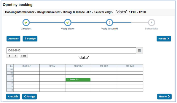 Billedet er en skærmvisning af den side, hvor man kan vælge dato og tidspunkt for testen i en kalender.