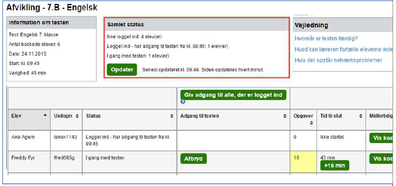 Billedet viser et eksempel på lærerens skærm, hvor der kan findes statusser på elevers test.