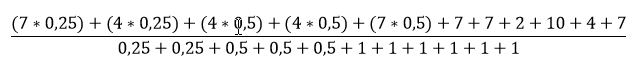 Formel på udregning af vægtet gennemsnit, med karaktereksempler fra tabellerne 
