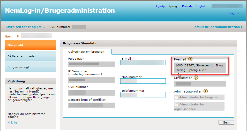 Billedet viser brugeradministration.nemlog-in.dk hvor P-nummer fremgår