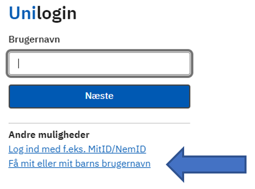Billedet viser en pil til tekst-knappen Få mit eller mit barns brugernavn