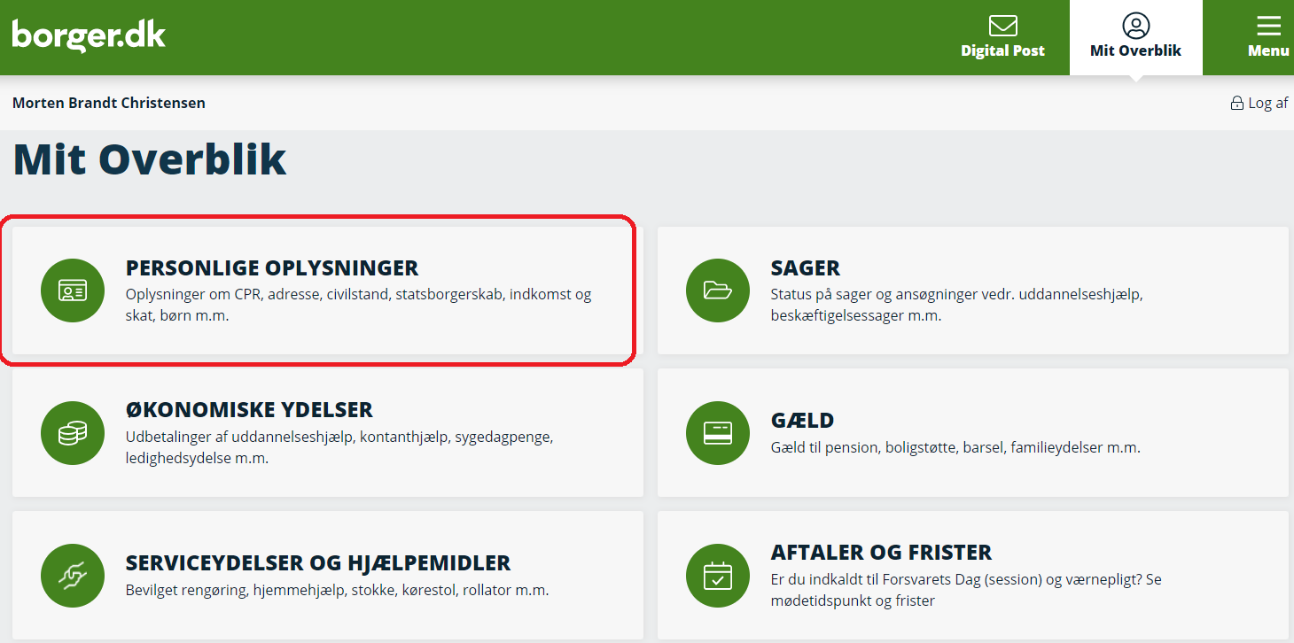 Billedet viser hvor du skal klikke for at se personlige oplysninger på borger.dk