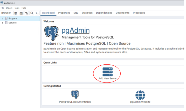 Billedet viser pgAdmin dashboard, hvor Add New Server er markeret