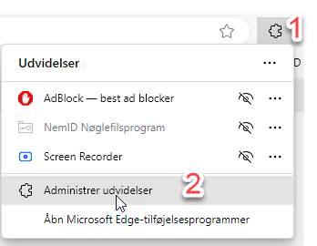 Screenshot af liste med udvidelser i Microsoft Edge
