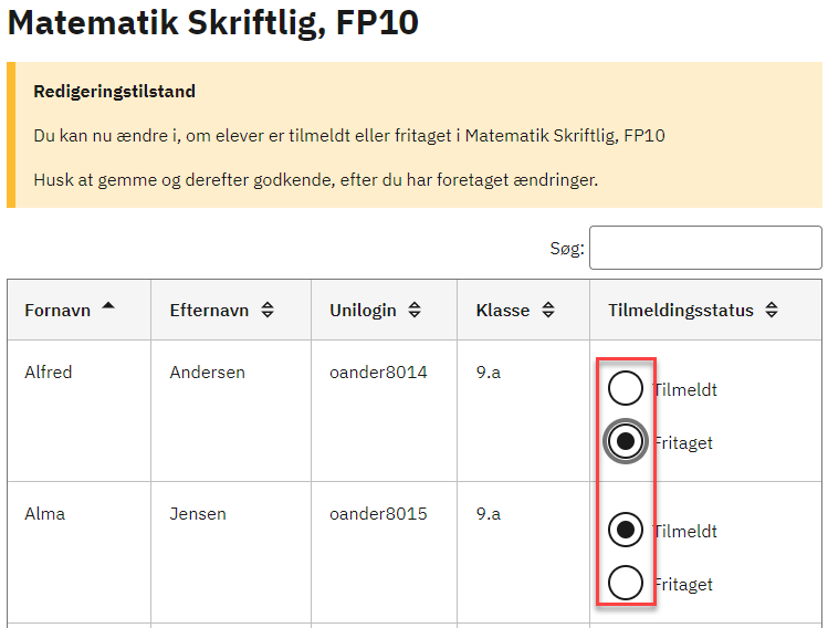 Tilpas tilmeldingerne i højre side af tabellen