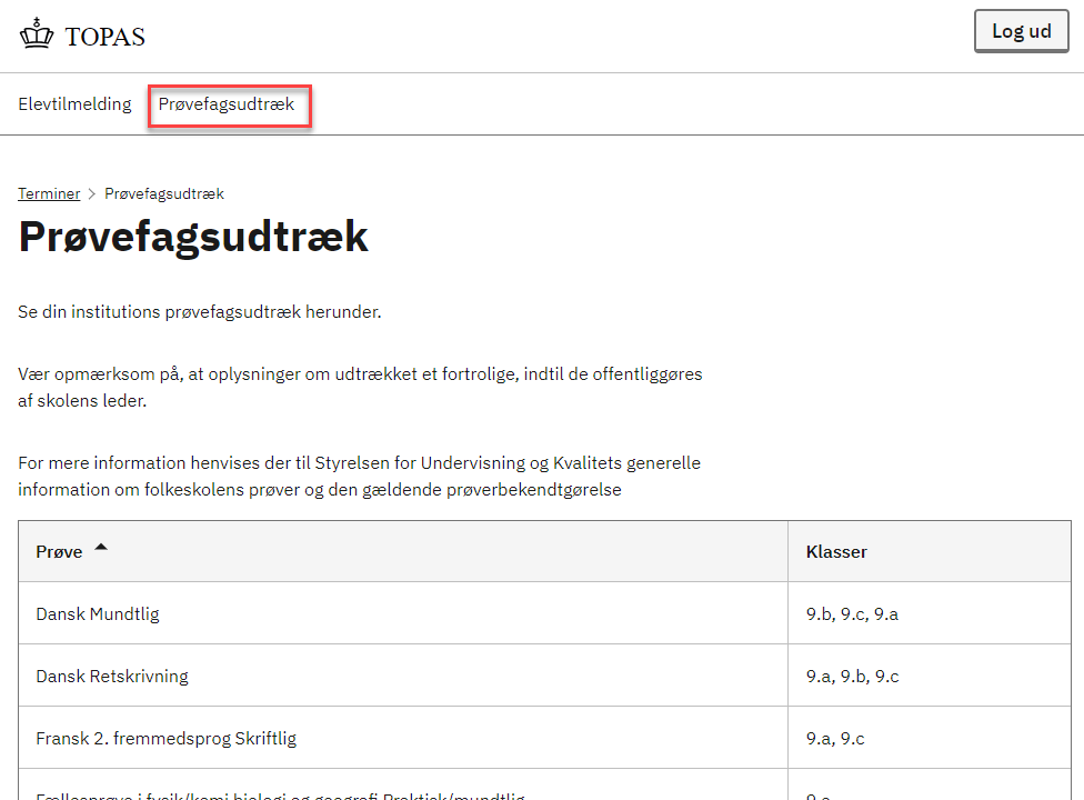 Prøvefagsudtrækket viser de udtræksfag, klasserne skal til prøve i