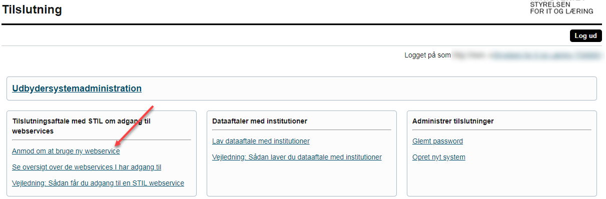 Billedet viser hvor du finder linket Anmod om at bruge ny webservice på tilslutning.stil.dk.