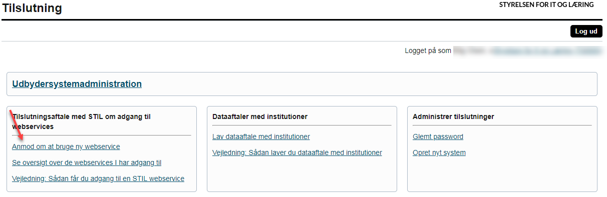 Billedet viser linket Anmod om at bruge ny webservice på tilslutning.stil.dk.