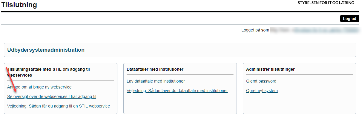 Billedet viser linket Se oversigt over de webservices, I har adgang til, på tilslutning.stil.dk.