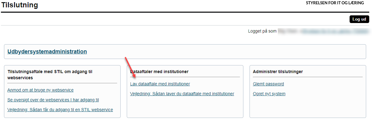 Billedet viser hvor du finder linket Lav dataaftale med institutioner på tilslutning.stil.dk.