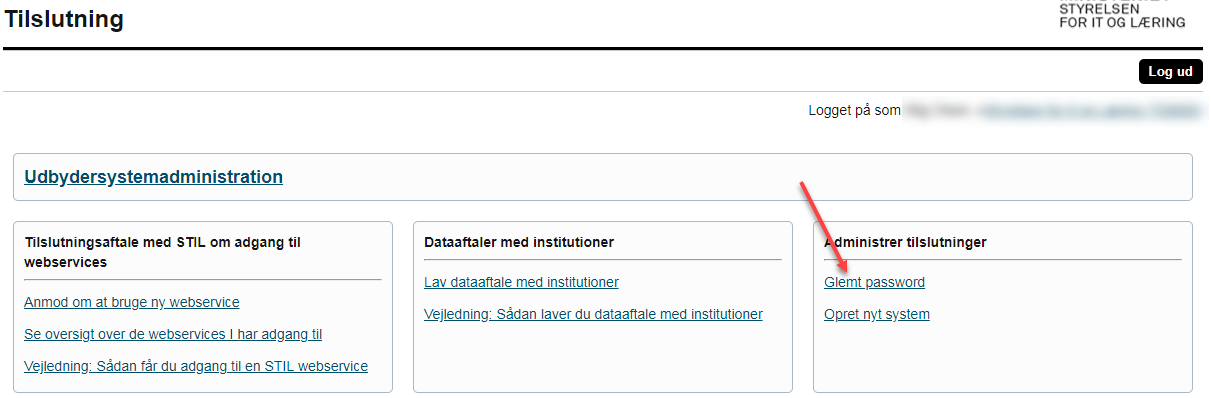Billedet viser linket Glemt password på tilslutning.stil.dk.