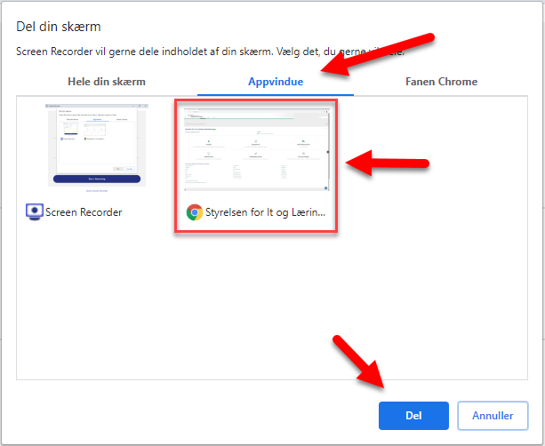 Billedet viser fanen Appvindue, hvor man kan vælge Chrome, samt knappen Del.