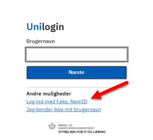 Billedet viser Unilogin log in siden, hvor du blandt andet kan vælge at klikke på linket Log ind med f.eks. NemID.